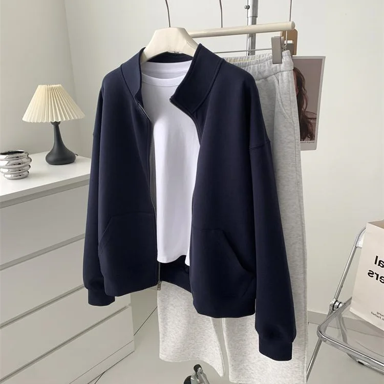 

Белая толстовка на молнии свободного кроя для полных женщин, осенняя верхняя одежда в корейском стиле, ветрозащитная, для повседневной носки, размер 300 Pou