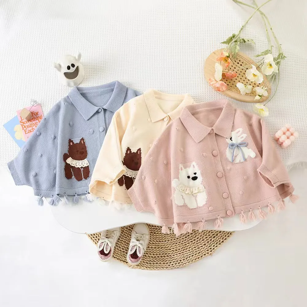 

Осеннее трикотажное пальто для маленьких девочек, корейский свитер с принтом собаки и кролика для маленьких девочек, свободный подол с кисточками, плащ для маленьких девочек