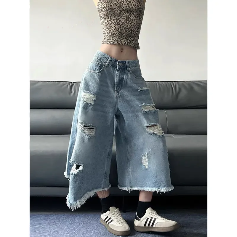 

Синие рваные джинсы в стиле ретро 90-х годов, женская уличная одежда, потертые джинсовые брюки-бойфренды большого размера Y2k в стиле гранж