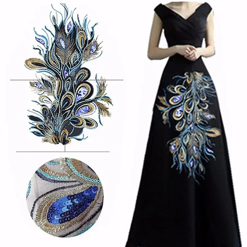 DIY Craft Embroidered Sequins Peacock Mesh Cloth Feather Applique Sew Trim 51X40cm