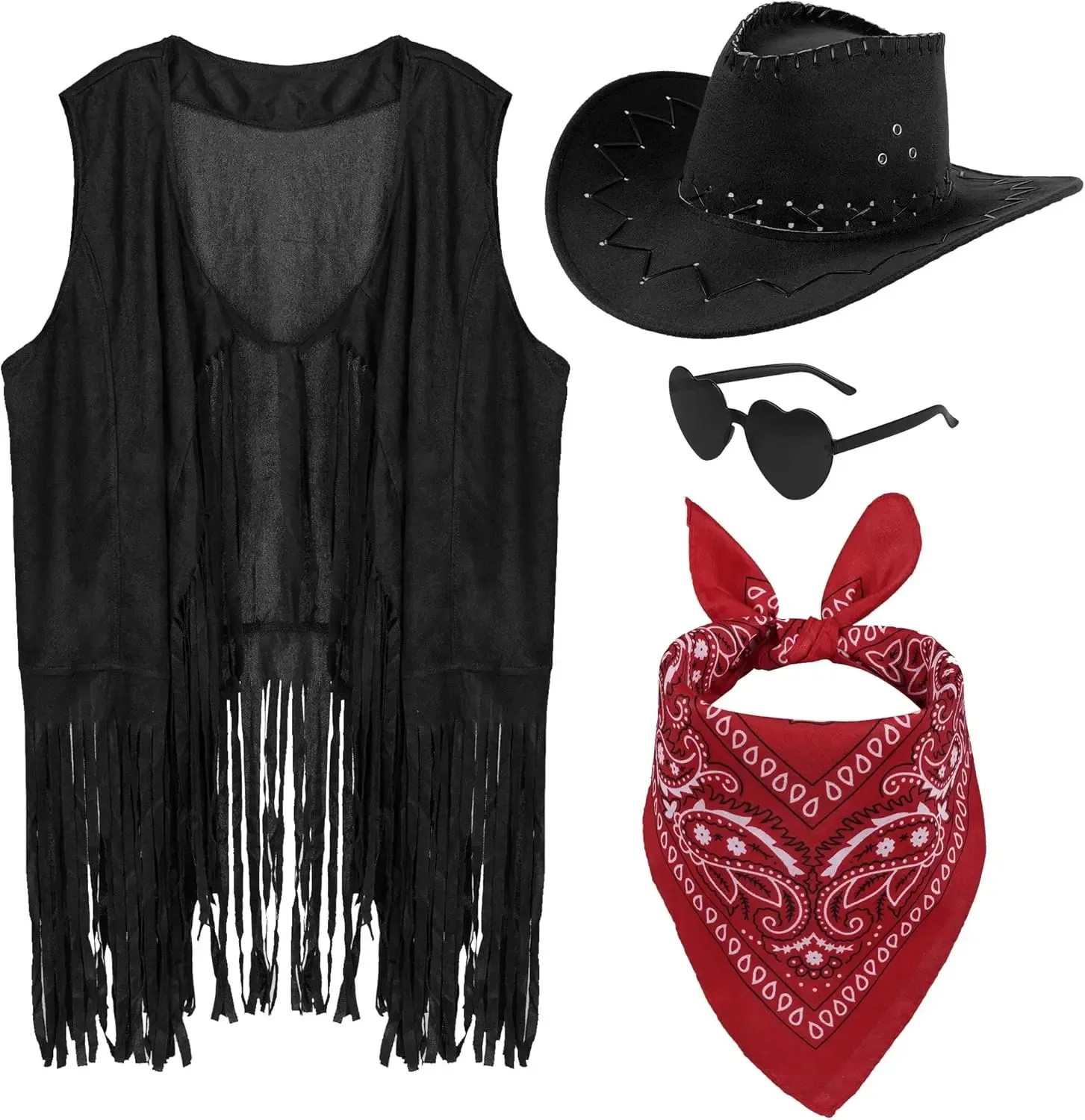 Vrouwen Mannen Cowgirl Kostuum Westers Vest Hoed Riem Bandana Set voor Cowboy Kwasten Fringe Vest Halloween Outfits Wild West Cosplay