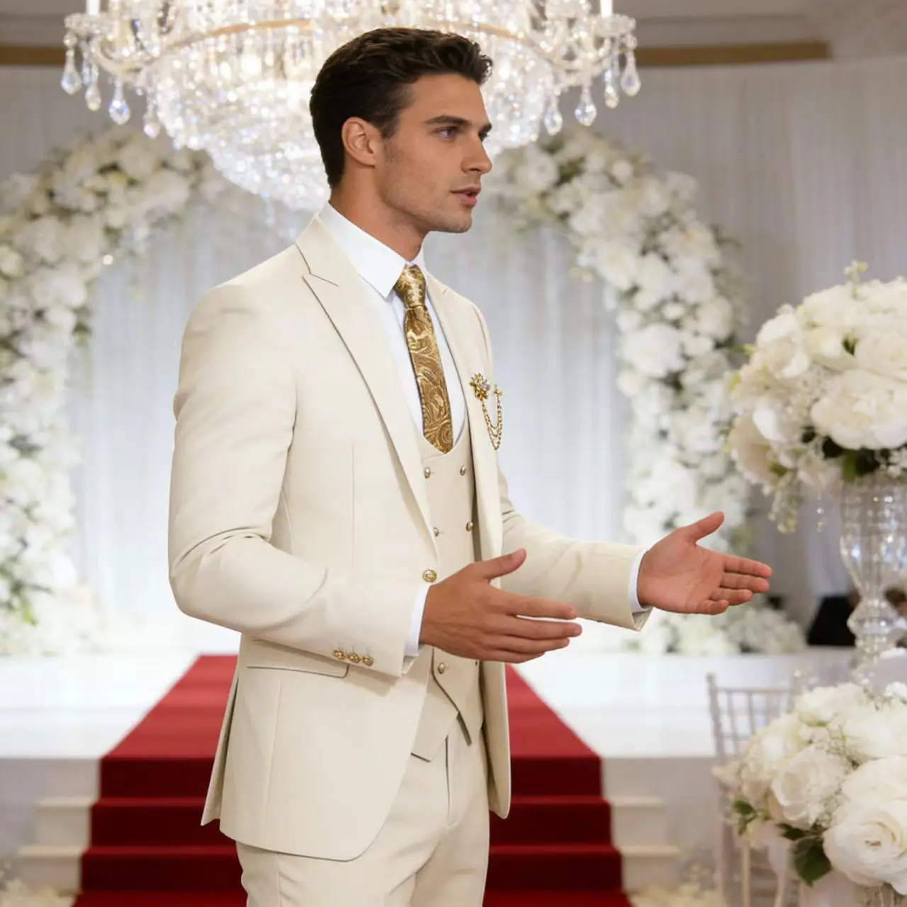 Men's 3-Piece Suit Set Classic One Gold Button Slim Fit Blazer Vest Pants Formal Business Wedding Wear - Image 5