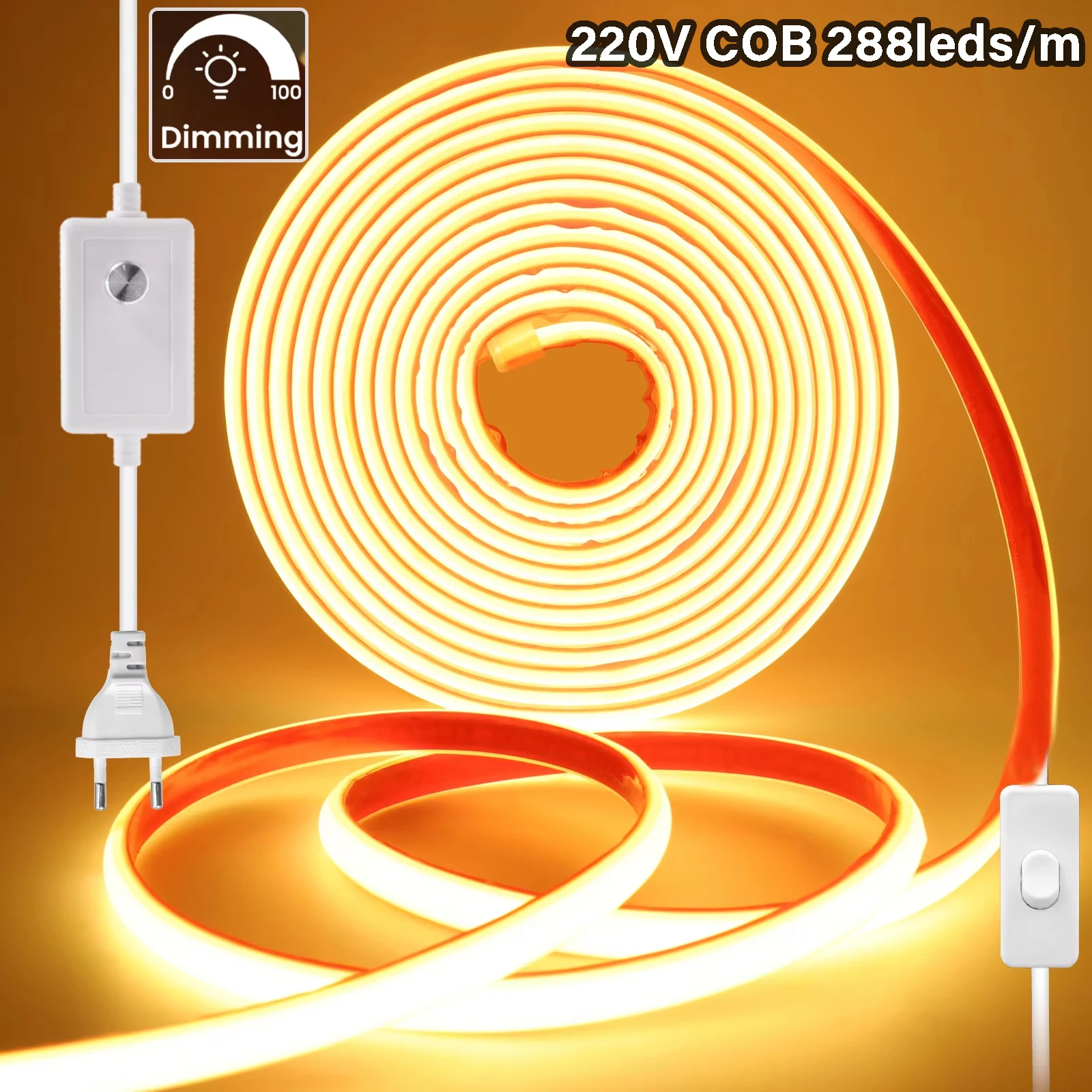 Dimmable 220V COB Neon Strip Adhesive Tape Ribbon Led Light 288LEDs/M IP65 Waterproof Bedroom Lighting for Kitchen Outdoor Lamp