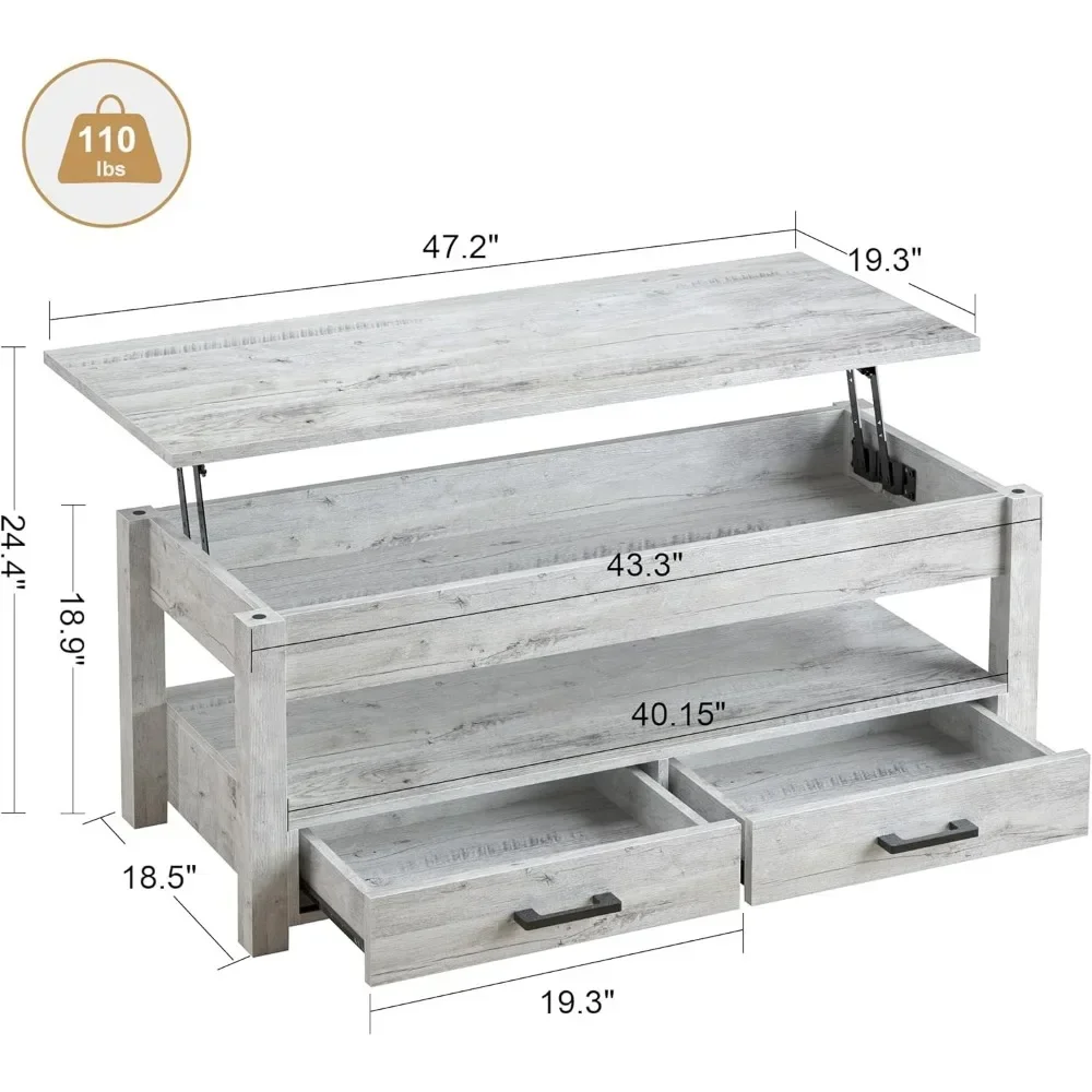 47.2" Lift Top Coffee Table, Coffee Table with Storage Drawers Hidden Compartment, Center Table Lift Tabletop for Living Room