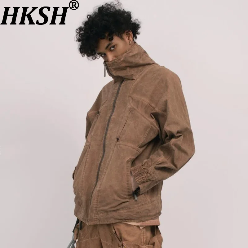 HKSH Spring Autumn New Men Tide Punk Retro Patchwork Cut Stand Collar Safari Style Jacket Simple Casual Waste Land Coats HK17153