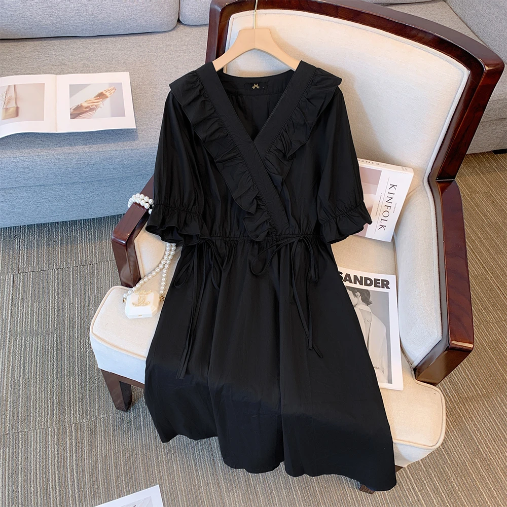 Plus-size Women's Summer casual Commuting loose and comfortable dress Black solid color cotton V-neck pod sleeve lace-up dress