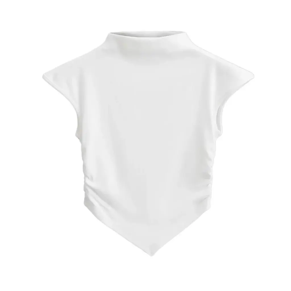 

Женская плиссированная футболка нестандартной формы с короткими рукавами и воротником-стойкой в стиле блоггера Pure Desire, большая эластичная футболка без рукавов