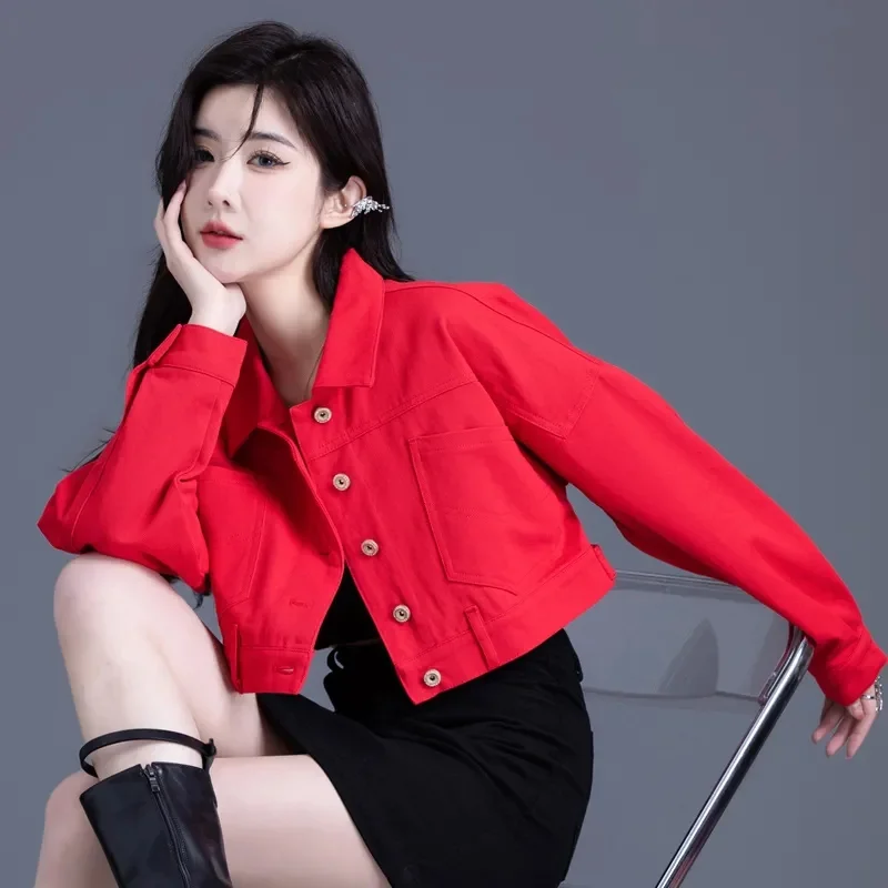 

Red Black White Short Denim Jacket For Women Fashion Design Coat Top 2025 New Spring Autumn Casual Jeans Jacket Outerwear
