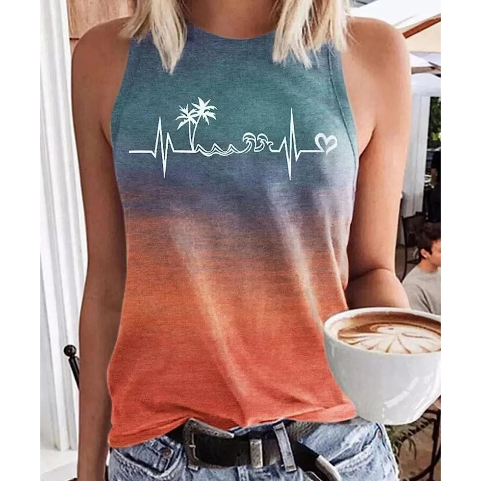 

Ladies Round Neck Tank Tops Gradient Color Coconut Tree Wave Print Loose Vest Summer Vacation Casual Sleeveless T Shirts