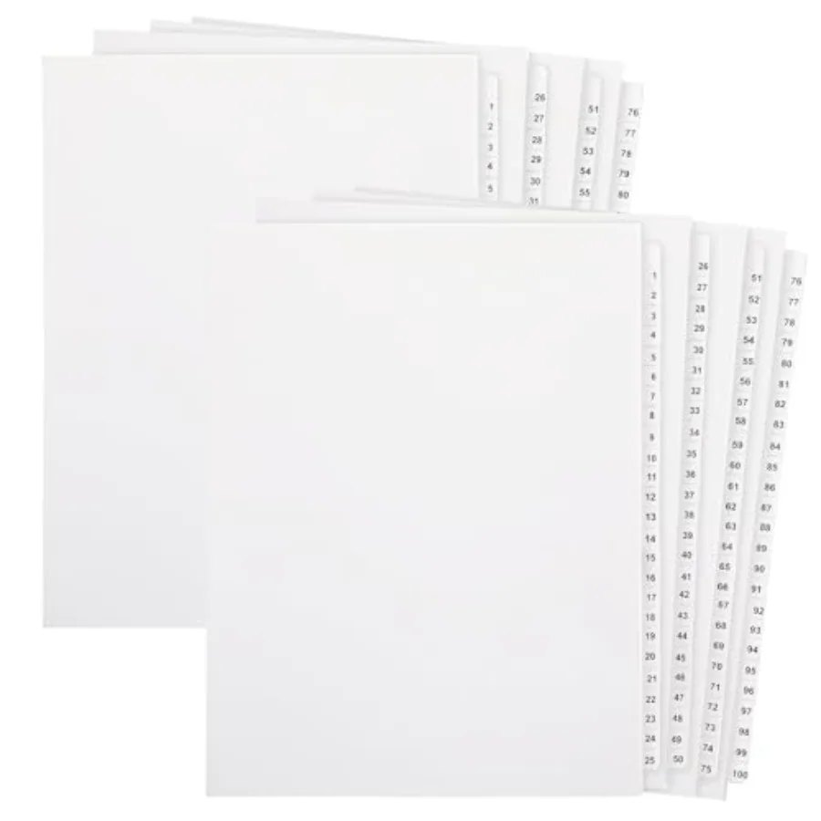 

Set -00 Numbered Tab Dividers Un-Punched Letter Size 8.5 x Inch Paper Page White Binder Index Dividers for Office Documents Fil
