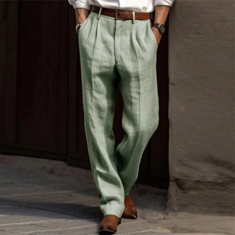 Cotton Linen Pants Men Business Casual Fashion Thin Suit Trouser Autumn Vintage Mens Solid Color Pleated New Design Waist Pants