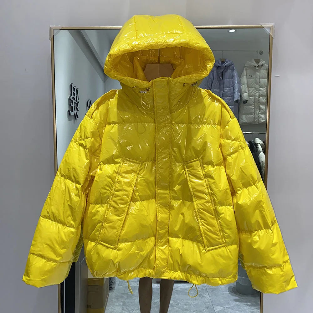 Glossy Short Puffer Jacket Korean Hooded Shiny Down Jackets Solid Colors Drawstring Long Sleeve Winter Parkas Female Coat