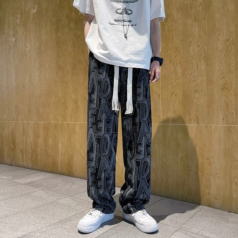 

Men's Neutral Wide Leg Letter Print Trousers Loose Straight Men Asthetic Man Jeans Pants for Boy Casual Baggy Hip Hop 2024 F158