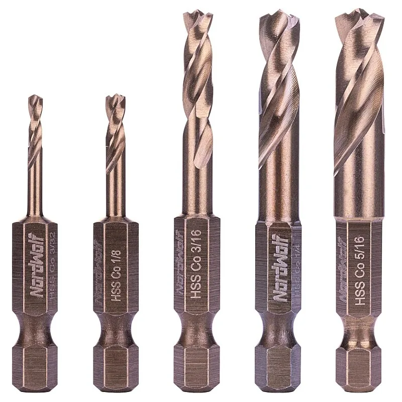 

NordWolf 5-Piece M35 Cobalt Stubby Drill Bit Set for Stainless Steel & Hard Metals, with 1/4" Hex Shank for Quick Chucks