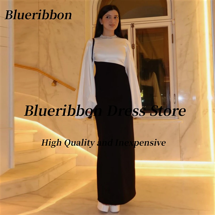 

Blueribbon Black&White Evening Party Dresses Saudi Arabia Women Wear Long Sleeves Prom Dress Sheath Formal Gowns