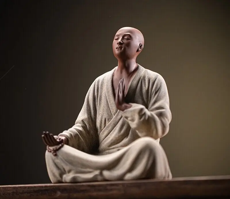 Chinese Zi Sha Sand Monk Statue Buddha Buddhism Zen Praying Meditation Figure