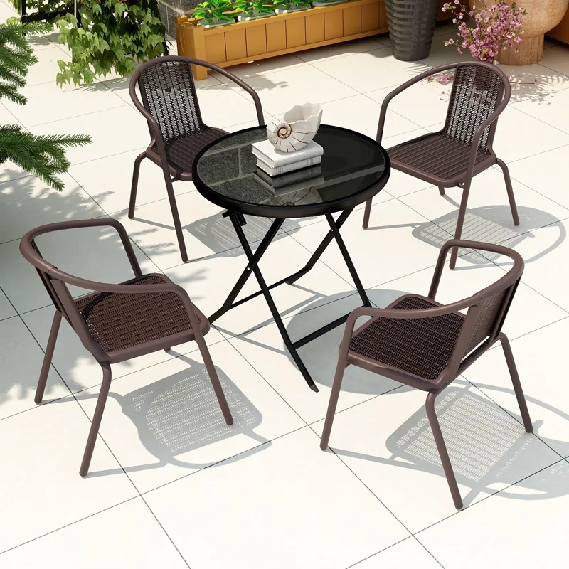 

Outdoor Table and Chair Umbrella Rattan Three-five-piece Garden Balcony Chair Wrought Iron Courtyard Table and Chair