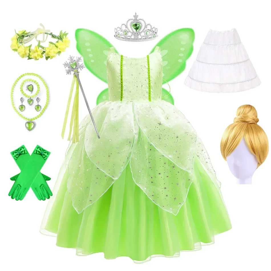 Little Girls Fairy Costume for Princess Tinker Bell Dress Elf Wings Headband Wand Toddler Fancy Forest Birthday Party Gowns