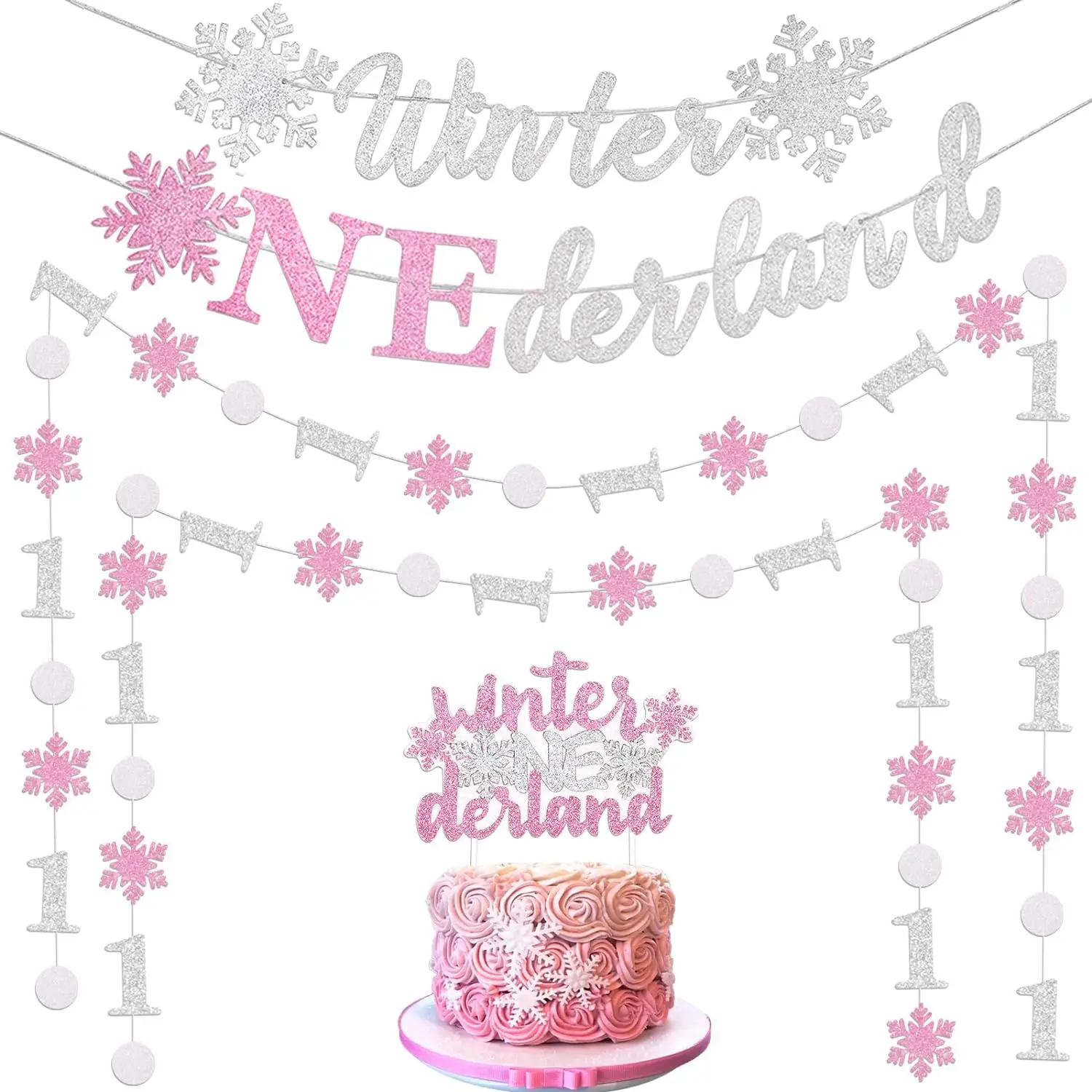 

Winter Onederland 1st Birthday Banner, Cake Topper, Snowflake Garland, Winter Snowflake Baby 1st Birthday Girl Party Supplies