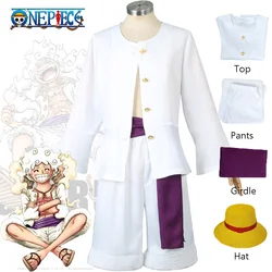 One Piece Monkey D Luffy Cosplay Costume Straw Hat Boy Outfits White Top Pants Full Set Suit Halloween Party for Kids Adult Men