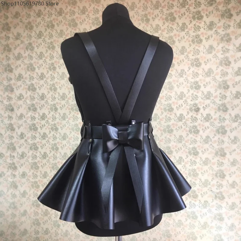 Adjustable Women Faux Leather Suspender Harness Skirt Bow Accent Apron‑Style Waist Belt Decorative Role‑play Costume Accessory