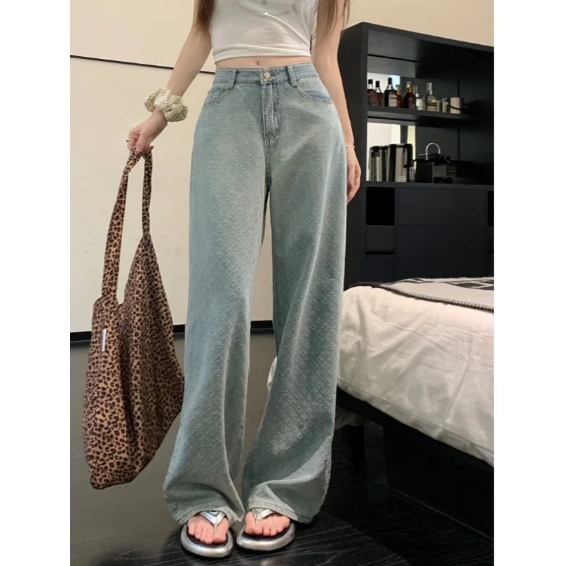 

2026 Korean Chic Washed Denim Floor-Length Women's Pants High Waist Embroidered Loose Wide Leg Trousers Casual Style Cotton B...