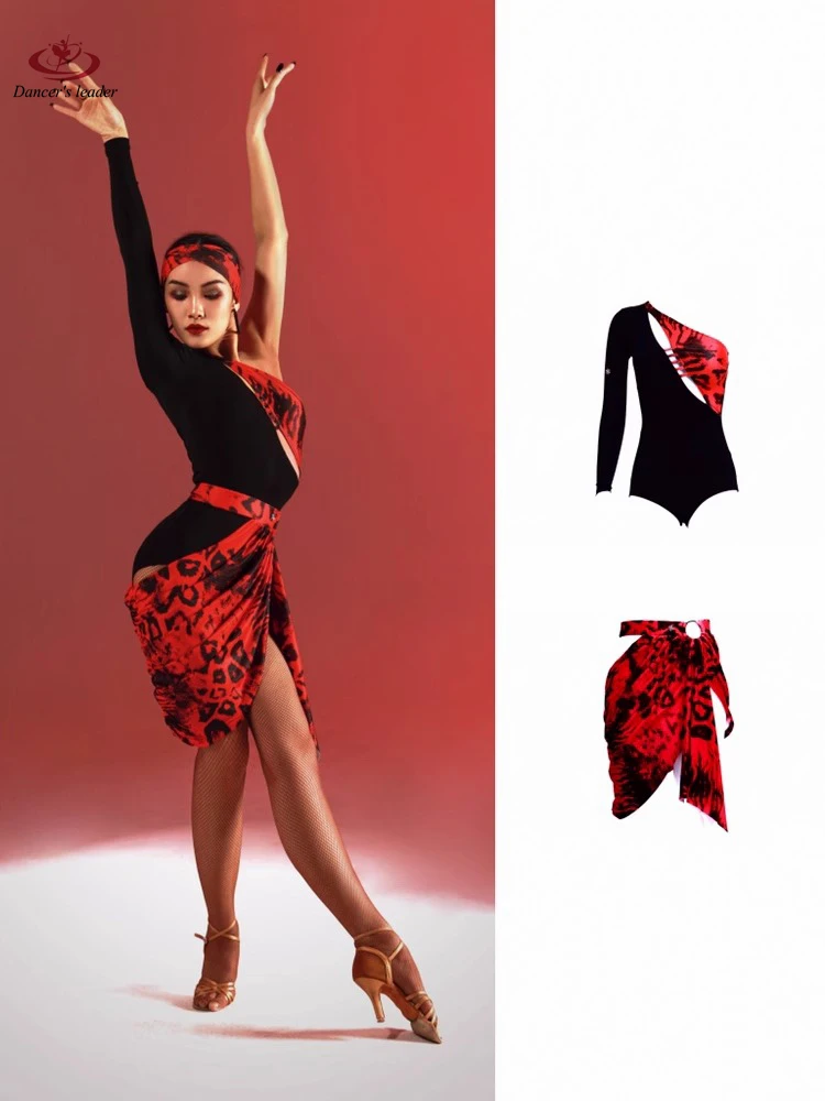 

Latin Dance Diagonal Shoulder Color Matching Personality Design Red Leopard Overskirt Performance Black Pool Clothing