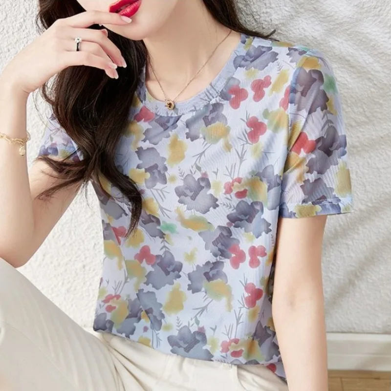 Print Summer Shirts & Blouses for Women with Short Sleeve Woman Top Korea Stylish M Simple Cheap New 2024 Elegant and Youthful S