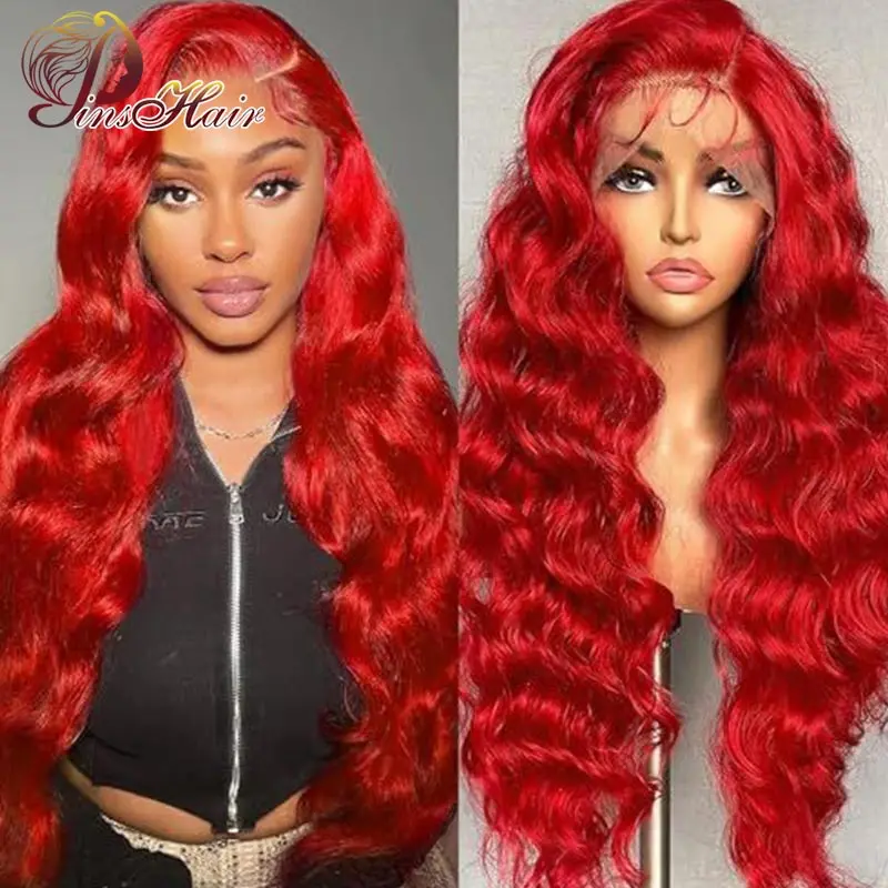 34-calowe czerwone koronkowe peruki z ludzkich włosów Body Wave 13x6 Transparent Lace Frontal Wig 99J Pre Plucked Remy 100% Human Wigs