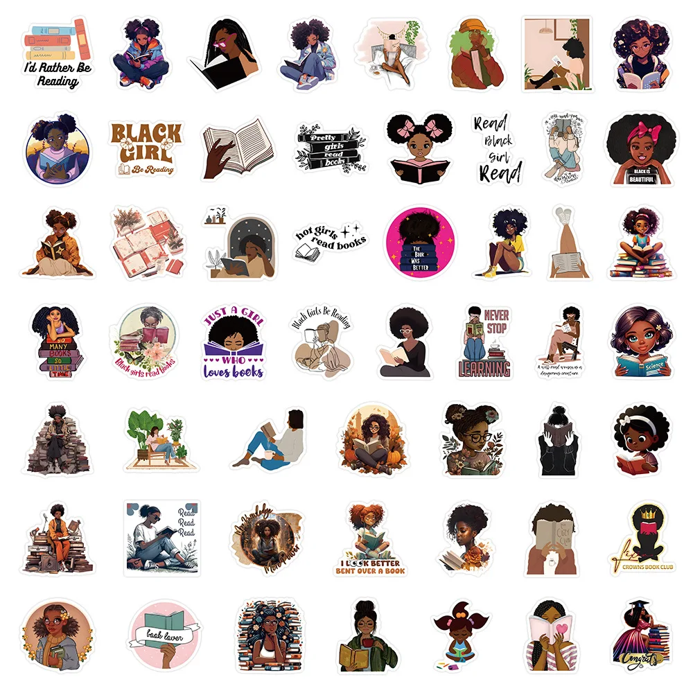 

50/100PCS Black Girl Read Books Stickers Waterproof Creative Graffiti Decoration Kids Toy Decals Luggage Water Cup Phone Guitar