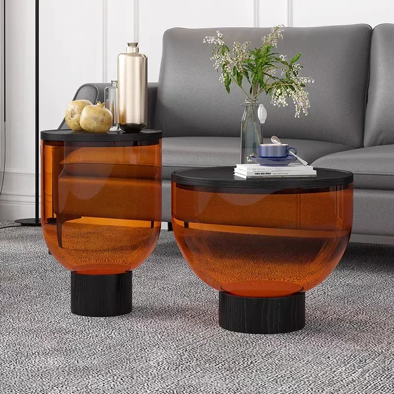 Coffee Table,Art Style Side Table With Wooden Top And Glass Bottom Coffee Table