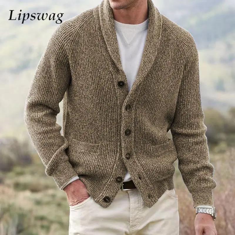 

Classic Solid Color Sweater Men Jacket Fall Vintage Button-up Lapel Cardigan Knitted Coat For Mens Winter Warm Slim Sweatercoat