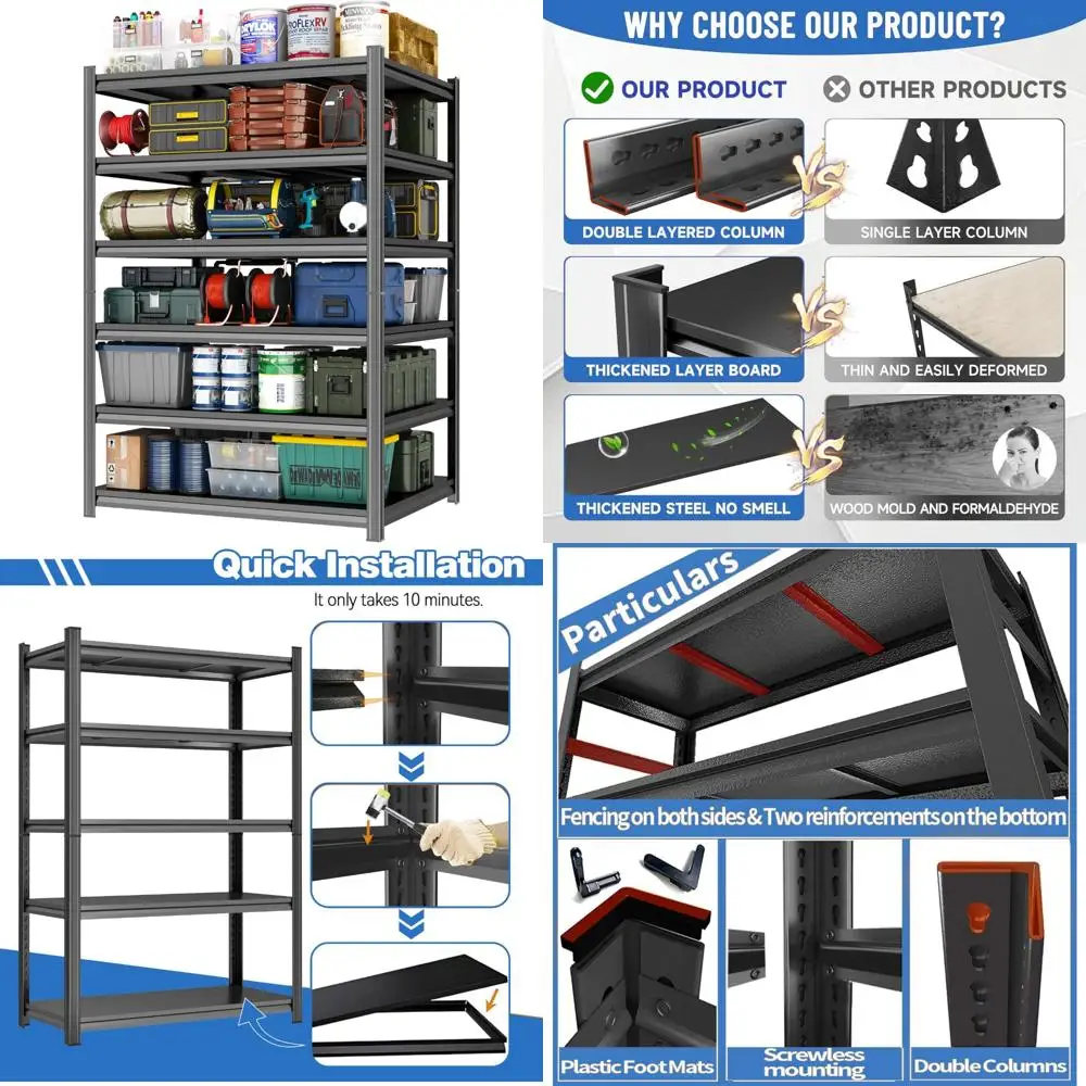 رفوف معدنية شديدة التحمل قابلة للتعديل مكونة من 6 طبقات لتخزين 3500 رطل، مثالية للأقبية والمساحات التجارية والمستودعات #1