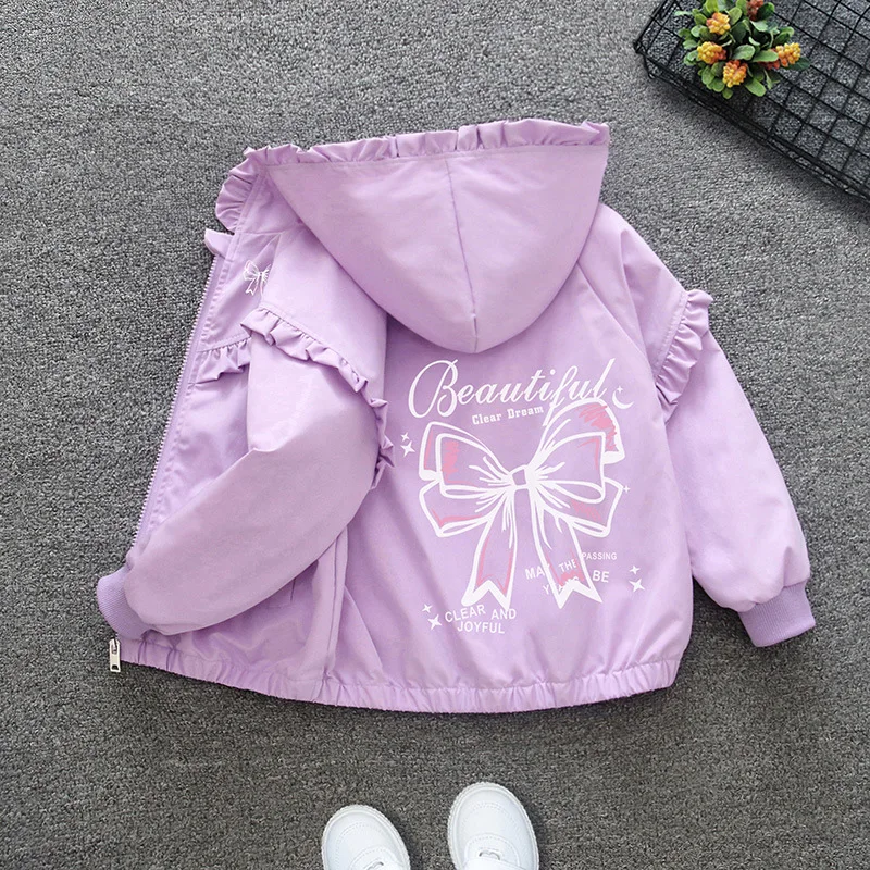 Girls Trench Jackets Autumn Spring Children Hooded Coats 2026 New Kids Printed Windbreaker Teenager Casual Sports Outerwear