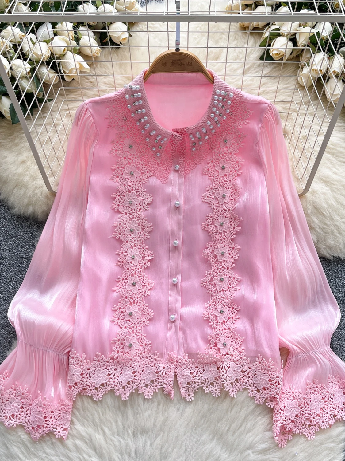 

Ele Heavy Embellied Beaded Lace Patchwork Bell Sve irt Women's Faionable Versatile iny Me Top Korean Sle