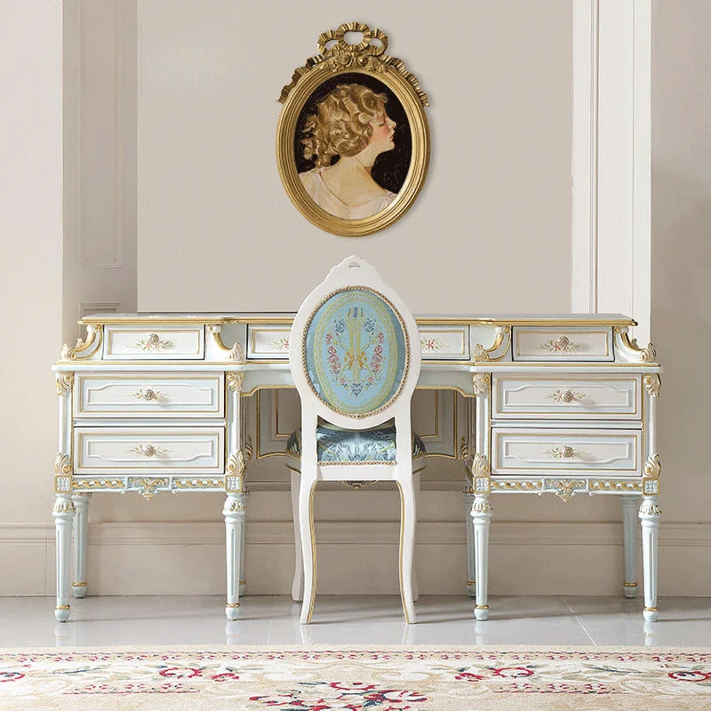 

！@European Style Beautiful Flower Decorated Hand Carved Solid Wood Mirror Furniture Dressing Table With Chair