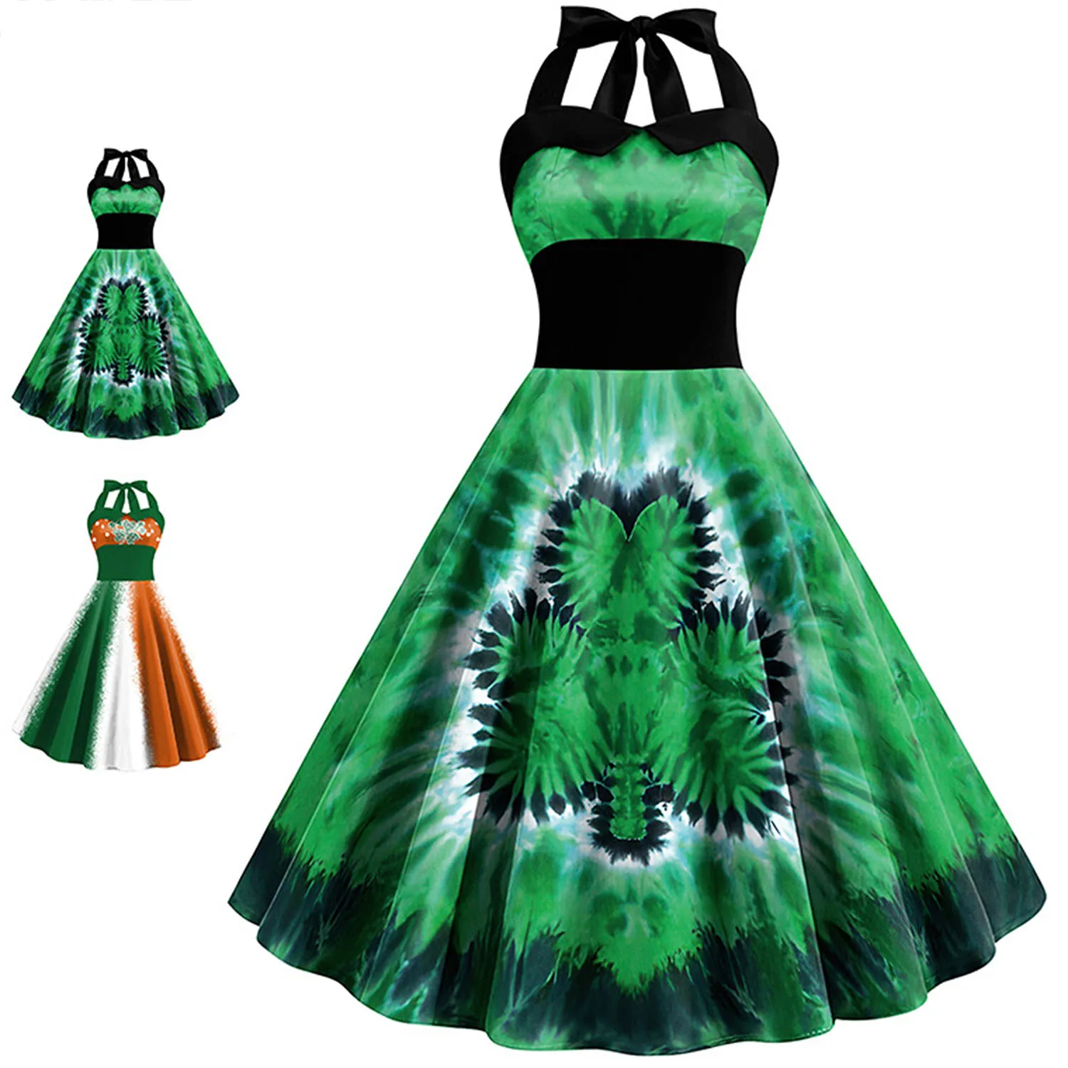 Irish Traditional Festivals Women Green Clover Shamrock Tie Dye Vintage 50s 60s Female St Patrick Day Party Wrap Dress Vestidos