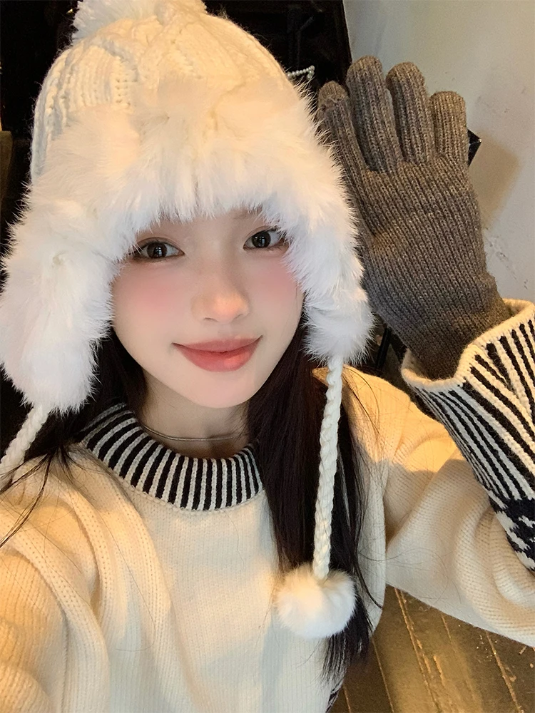Thickened Knitted Rabbit Fur Bobble Hat Women's Winter Fashion Small Face Visual Warm Ear Protection Hat Sweet Cute Style