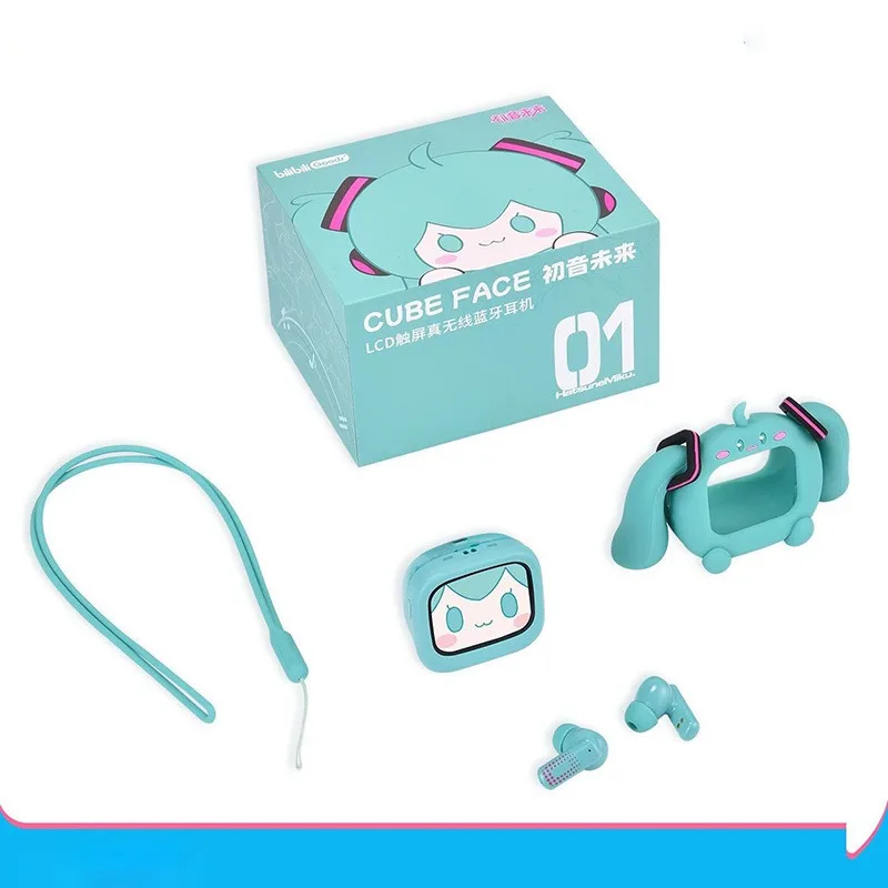 Słuchawki bezprzewodowe Bluetooth Kawaii Hatsune Miku Cartoon z małym ekranem dotykowym, miękkie etui w zestawie, super urocze akcesoria, uroczy prezent.