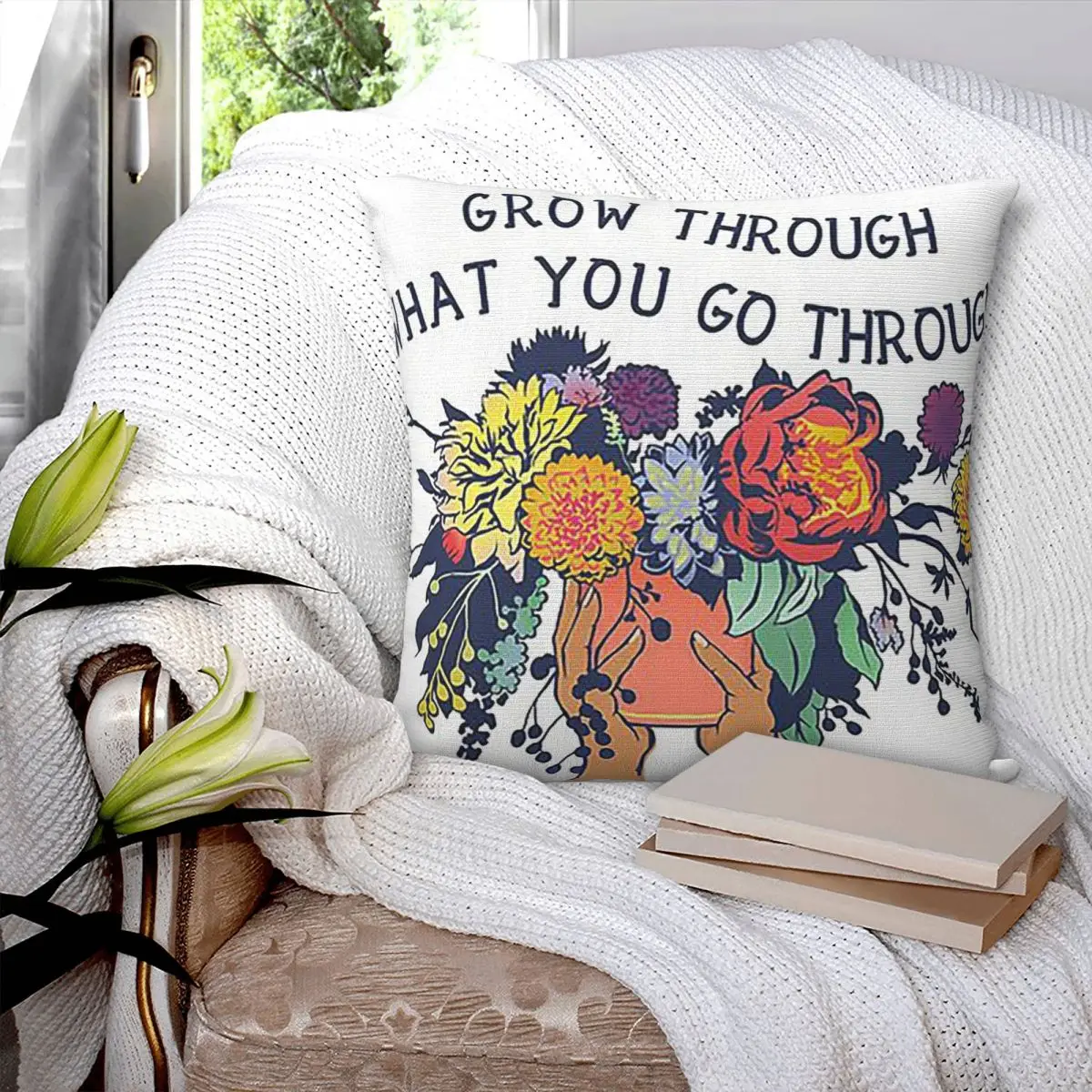 Grow Through What You Go Through Square Pillowcase Pillow Cover Polyester Cushion Decor Comfort Throw Pillow for Home Car