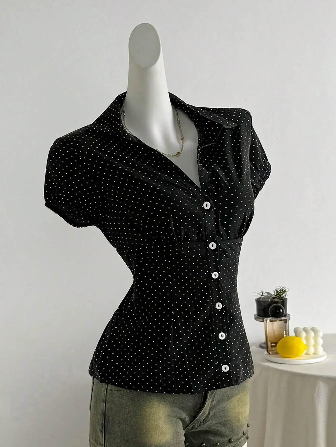 

Elamini Polka Dot Print Lapel Fitted Short Sleeve Women Blouse