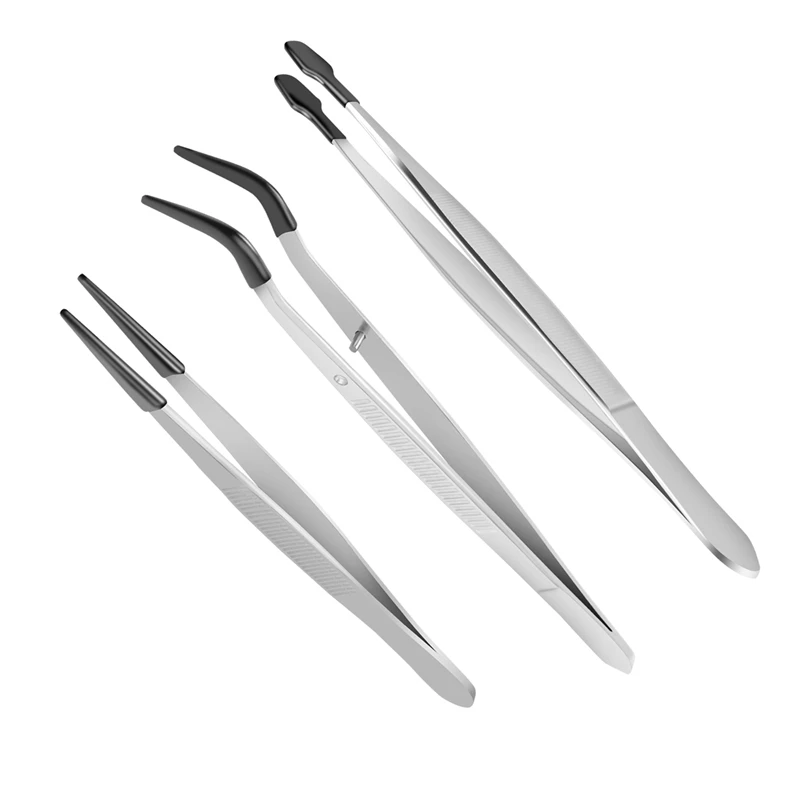 3 Pcs Rubber Tipped Tweezers 6Inch Straight Flat Tweezers & 6Inch Bent Tip Tweezers & 4.7Inch Pointed Tweezers