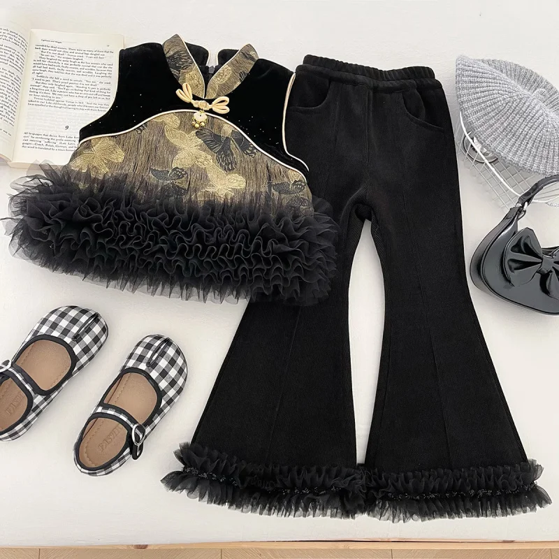 

2025Winter New Style Girls' New Chinese New Year Outfit Children's Vest Plush Button Vest Long Pants Set