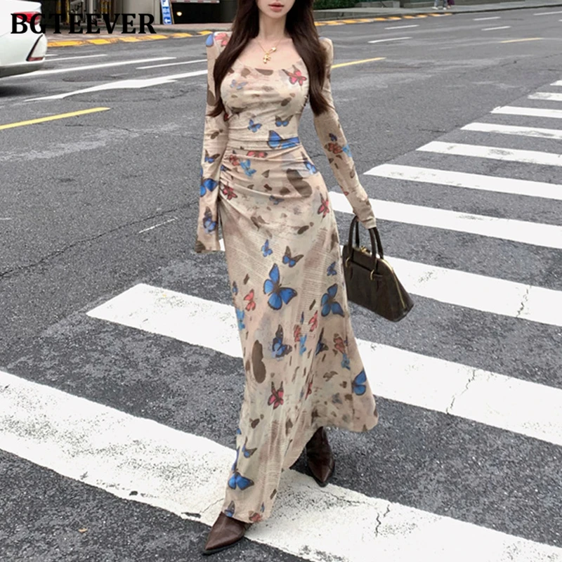 BGTEEVER Vintage Slim Waist Butterfly Printed Skinny Dress for Women Elegant Long Sleeve Slash Neck Female Package Hip Dress