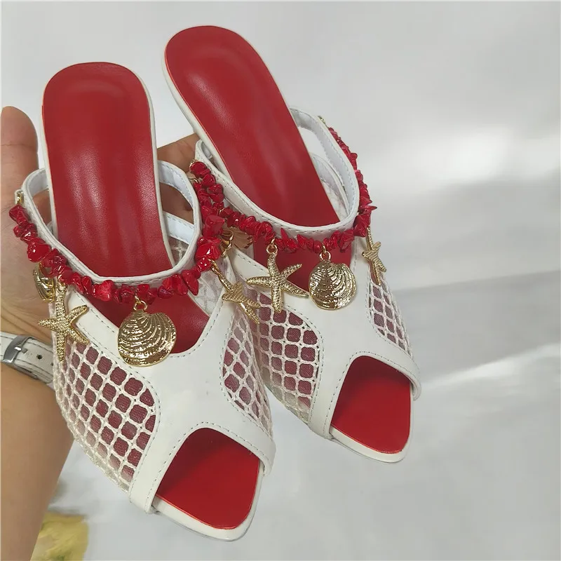 Women Mesh Peep Toe Mule Slippers Summer Beach Sea Shell Starfish Pendant Red Beaded Strap Slide Sandals Holiday Casual Shoes - view 3