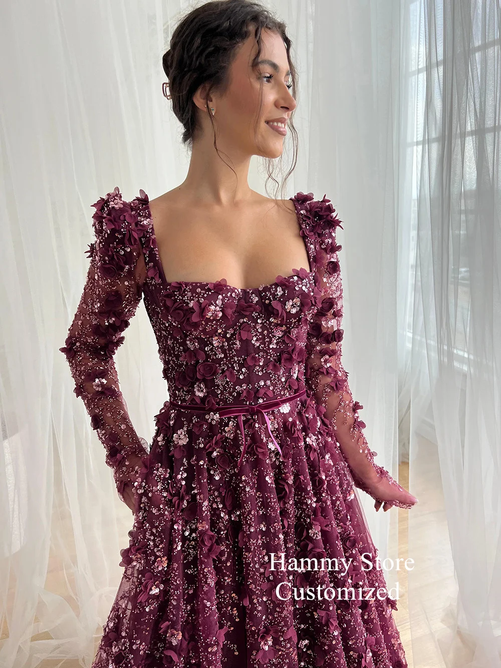 Luxury Shinny Lace Evening Dress for Wedding Party Customized Long Sleeves Square Neck Beading Flower A Line Dubai Prom Gown image 4