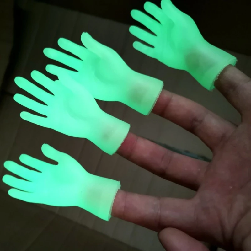 Novidade Engraçada Brilho-no-Escuro Fantoche de Mão, Brinquedo de Tampa de Dedo, Modelo de Mão Pequena Verde Fluorescente, Brinquedo Colorido