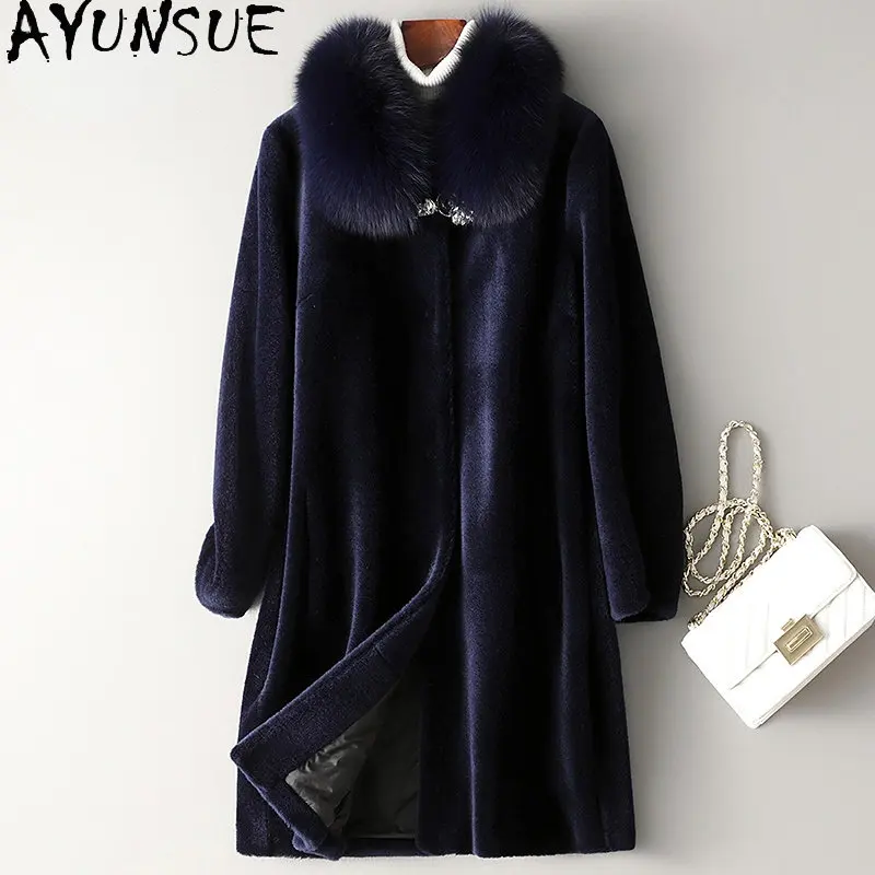 AYUNSUE-abrigo de lana para mujer, chaqueta de esquila de oveja con cuello de piel de zorro Real, abrigos de piel para invierno, 100%