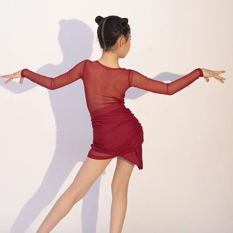 Children winter Latin dance costume for girls mesh high-end children's Latin practice dance performance costume latin dress