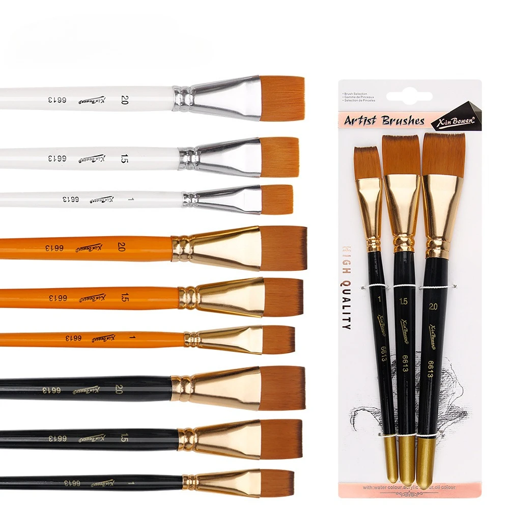 3-Pack Wooden Handle Short Flat Paint Brushes for Oil Acrylic Watercolor Student Artist Brush Set Soft Nylon Art Supplies